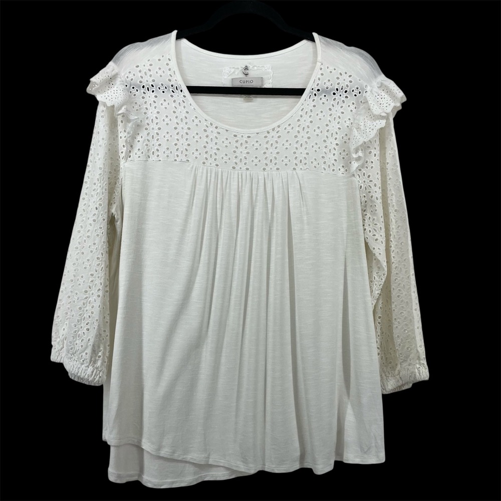 Cupio Size Large Blouse White Eyelet Lace Ruffle‎ 3/4 Sleeve Pleated Boho Top
